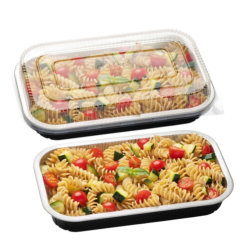 Contenitore alluminio stirato - c/coperchio R-PET - 4 porzioni - 26,5 x16,2 x 3,7 cm - Cuki Professional - conf. 25 pezzi