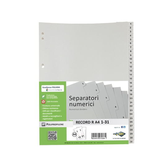 Separatore numerico 1/31 Record R - PPL - 21x29,7 cm - A4 - grigio - Sei Rota