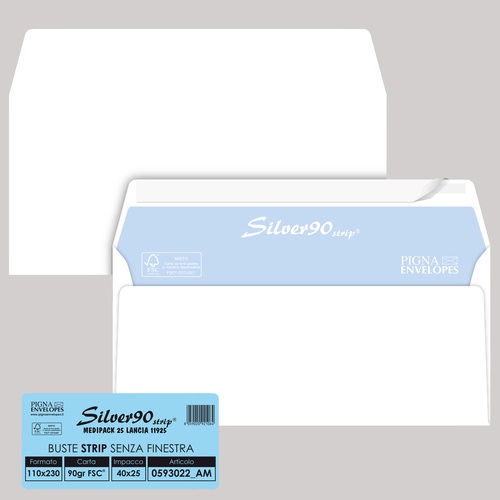 Busta SILVER90 STRIP FSC - bianca - internografata - senza finestra - 110 x 230 mm - 90 gr - Pigna Envelopes - conf. 25 pezzi