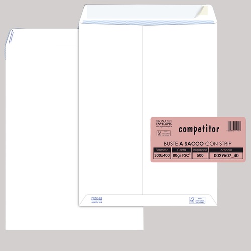 Busta a sacco Competitor FSC - strip adesivo - 30 x 40 cm - 80 gr - bianco - Pigna Envelopes - conf. 500 pezzi