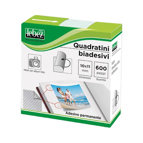 Quadratini biadesivi per foto - 10 mm x 11 mm - trasparente - Lebez - conf. 600 pezzi Quadratini biadesivi per foto - 10 mm x 11 mm - trasparente - Lebez - conf. 600 pezzi