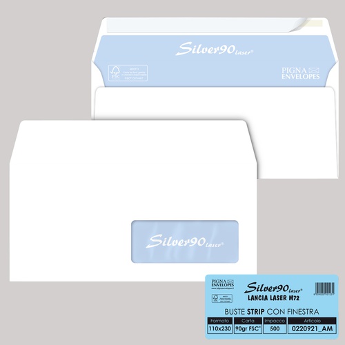 Busta Silver90 Strip Laser FSC - con finestra - internografata - 11 x 23 cm - 90 gr - bianco - Pigna Envelopes - conf. 500 pezzi