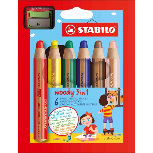Pastelli Woody 3 in 1 - diametro mina 10 mm - con temperino - Stabilo -astuccio 6 pezzi