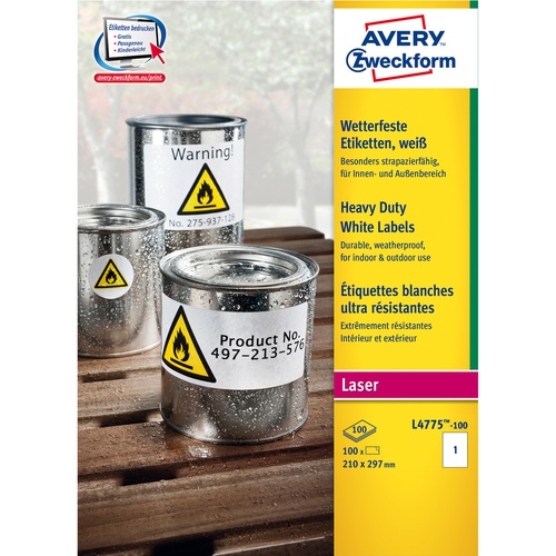 Etichette adesive L4775 - in PE - laser - permanenti - 210 x 297 mm - 1et/fg - 100 fogli - bianco - Avery