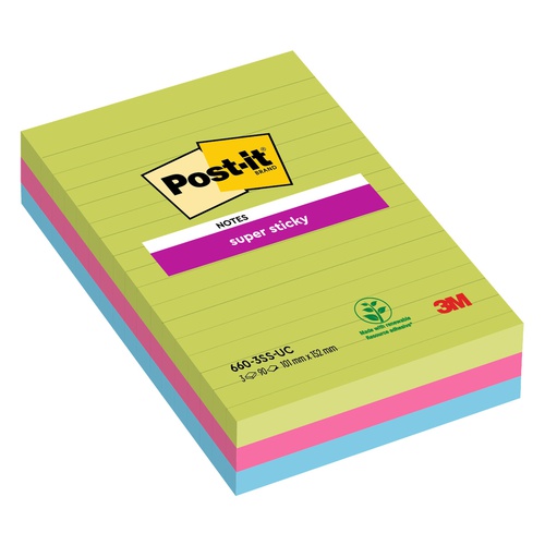 Blocco foglietti Post it® Super Sticky rettangolari - a righe - colori Ultra - 101 x 152mm - 90 fogli - Post it®