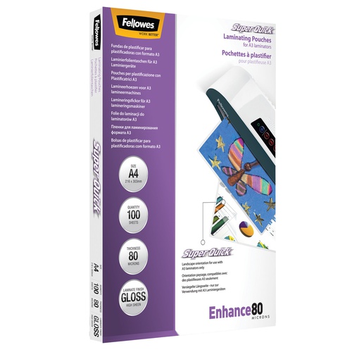 Pouches Enhance80 - Superquick - A4 - 2x80 micron - Fellowes - scatola 100 pezzi