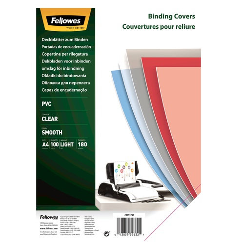 Copertine Clear - A4 - 180 micron - PVC - neutro trasparente - Fellowes - scatola 100 pezzi