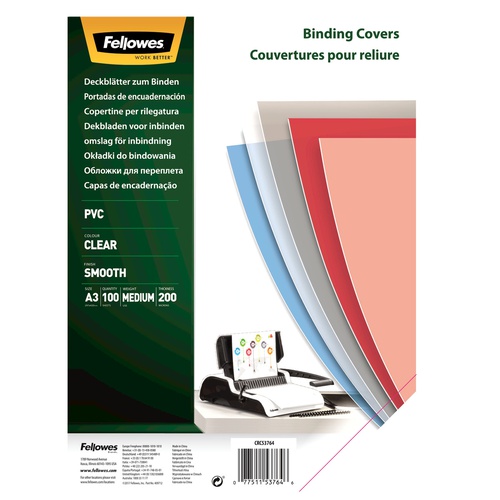 Copertine Clear - A3 - 200 micron - PVC - neutro trasparente - Fellowes - scatola 100 pezzi