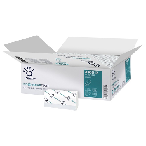 Asciugamani piegati a Z Dissolve Tech - 2 veli - 20 gr - goffratura a onda - 20,3x24 cm - bianco - Papernet - conf. 200 pezzi