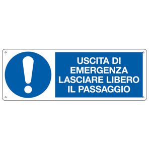 Cartello segnalatore - 35x12,5 cm - USCITA DI EMERGENZA LASCIARE LIBERO IL PASSAGGIO - alluminio - Cartelli Segnalatori