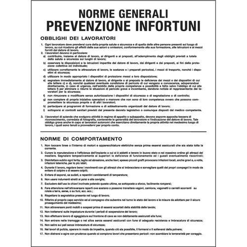 Cartello segnalatore - 50x67 cm - NORME GENERALI PREVENZIONE INFORTUNI - polionda - Cartelli Segnalatori