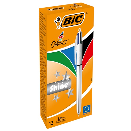 Penna a sfera a scatto multifunzione 4 Colors Shine Silver - punta 1,0mm - nero, blu, rosso, verde  - Bic - conf. 12 pezzi