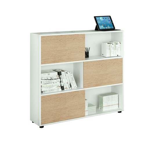 Libreria bassa Tetris a 3 ripiani ante scorrevoli - 120x35x116 cm - bianco/rovere