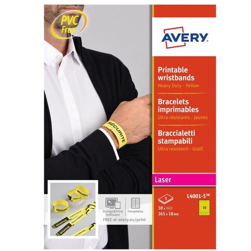 Braccialetti identificativi stampabili - 5 fogli - 10 et/fg - A4 - PE -giallo - Avery
