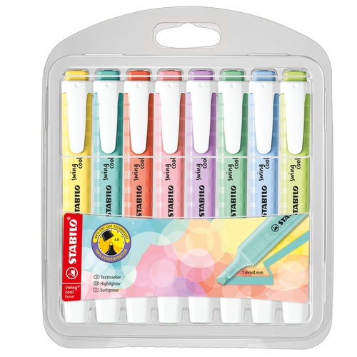 Evidenziatore Swing Cool Pastel - punta a scalpello - tratto 1 - 4 mm -colori assortiti - Stabilo - astuccio 8 pezzi