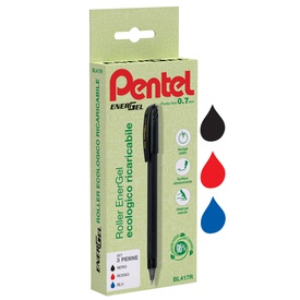 Roller Energel Recycology 96% - punta 0,7 mm - nero/rosso/blu - Pentel - conf. 3 pezzi