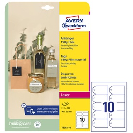 Cartellino stampabile resistente - plastica 190 µ - con angoli tagliati- laser - 90 x 50 mm - 10 cart/fg - 10 fogli - bianco - Avery