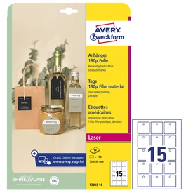 Cartellino stampabile resistente - plastica 190 µ -  laser - 50 x 50 mm- 15 cart/fg - 10 fogli - bianco - Avery