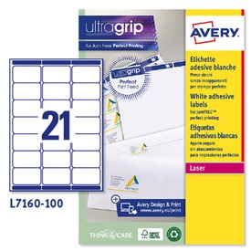 Avery Etichette adesive L7160 - in carta - angoli arrotondati - laser -permanenti - 63,5 x 38,1 mm - 21 et/fg - 100 fogli -  bianco -