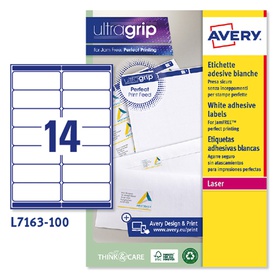 Avery Etichette adesive L7163 - in carta - angoli arrotondati - laser -permanenti - 99,1 x 38,1 mm - 14 et/fg - 100 fogli - bianco -