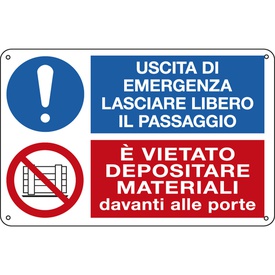 Cartello segnalatore multisimbolo - 30x20 cm - USCITA DI EMERGENZA…/E' VIETATO DEPOSITARE… - alluminio - Cartelli Segnalatori