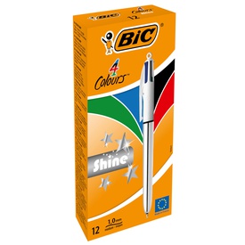 Penna a sfera a scatto multifunzione 4 Colors Shine Silver - punta 1,0mm - nero, blu, rosso, verde  - Bic - conf. 12 pezzi