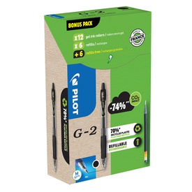 Penna roller gel scatto G-2 - punta 0,7 mm - 12 refill inclusi - nero -Pilot - conf. 12 pezzi